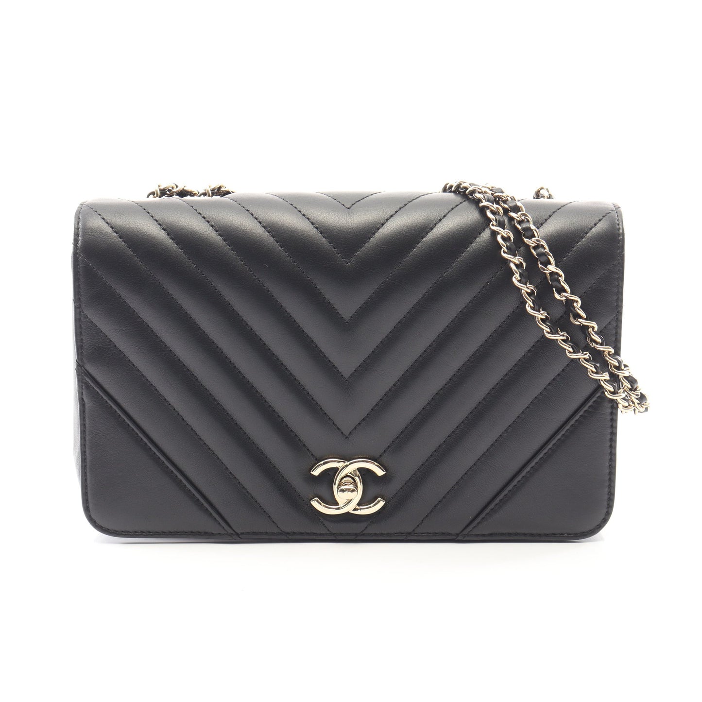 Vステッチ シェブロン フルフラップ Wチェーンショルダーバッグ ラムスキン ブラック ゴールド金具 シャネル バッグ CHANEL
