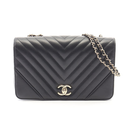 Vステッチ シェブロン フルフラップ Wチェーンショルダーバッグ ラムスキン ブラック ゴールド金具 シャネル バッグ CHANEL