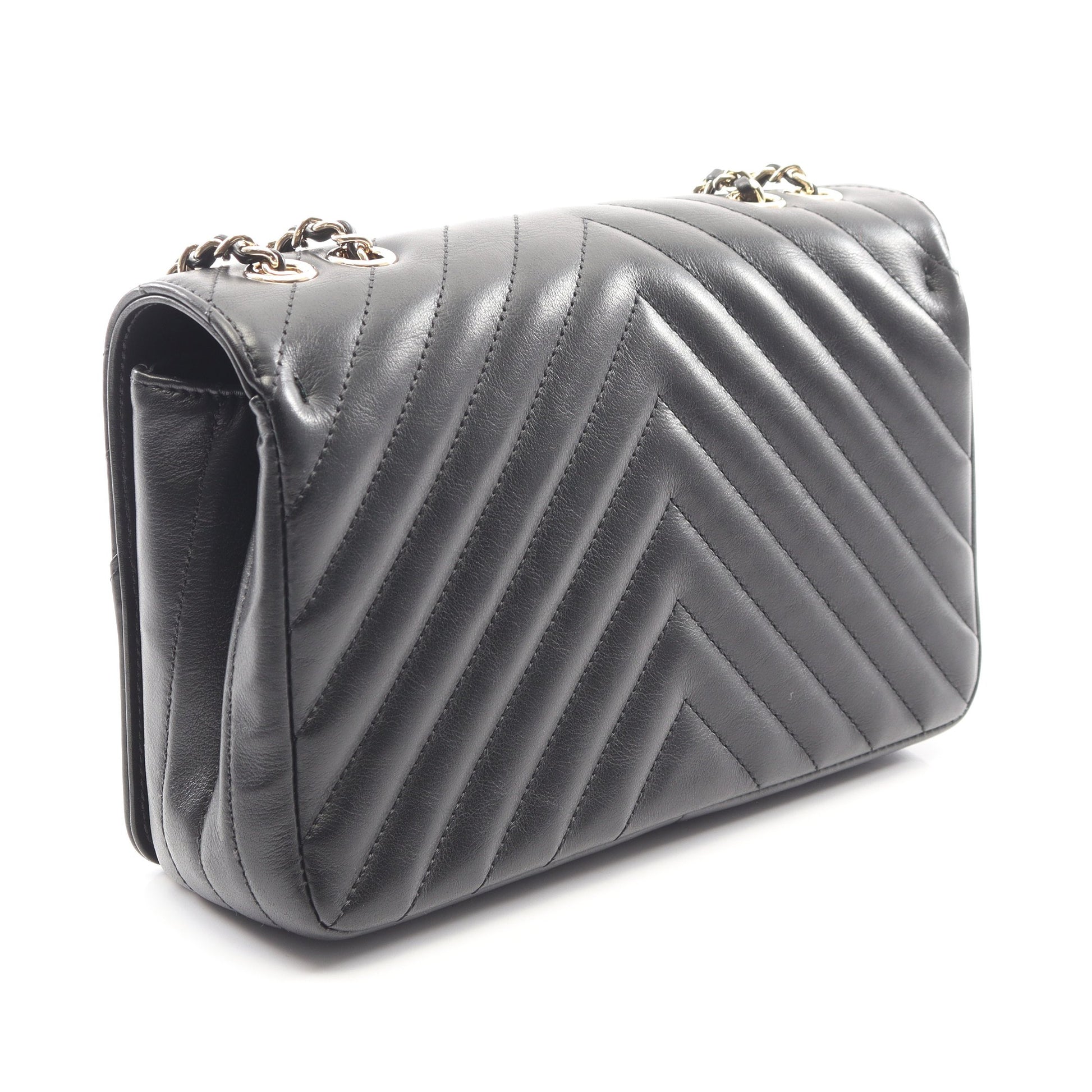 Vステッチ シェブロン フルフラップ Wチェーンショルダーバッグ ラムスキン ブラック ゴールド金具 シャネル バッグ CHANEL