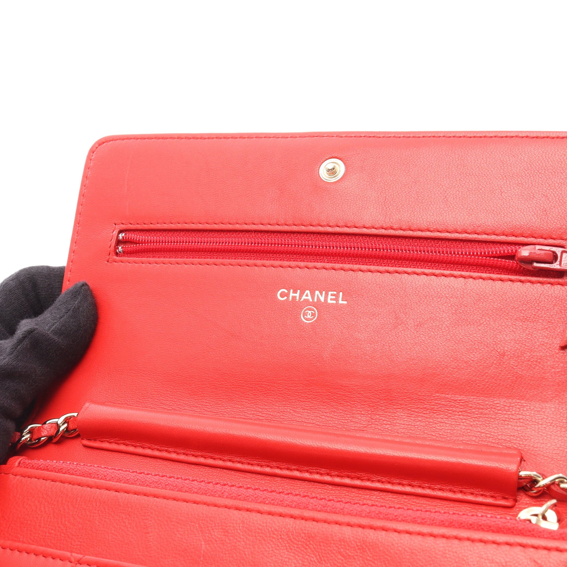 マトラッセ カメリア チェーンウォレット ラムスキン レッド ゴールド金具 シャネル バッグ CHANEL