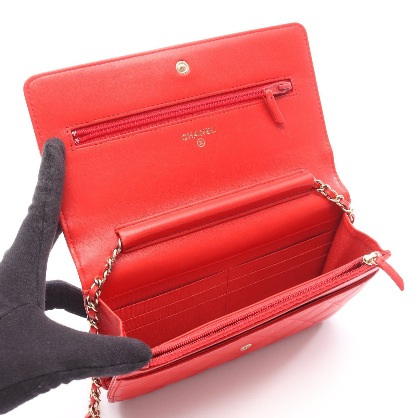マトラッセ カメリア チェーンウォレット ラムスキン レッド ゴールド金具 シャネル バッグ CHANEL