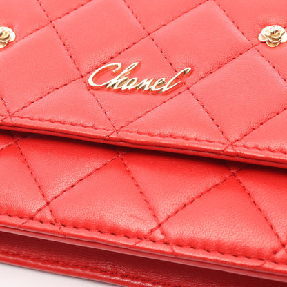 マトラッセ カメリア チェーンウォレット ラムスキン レッド ゴールド金具 シャネル バッグ CHANEL