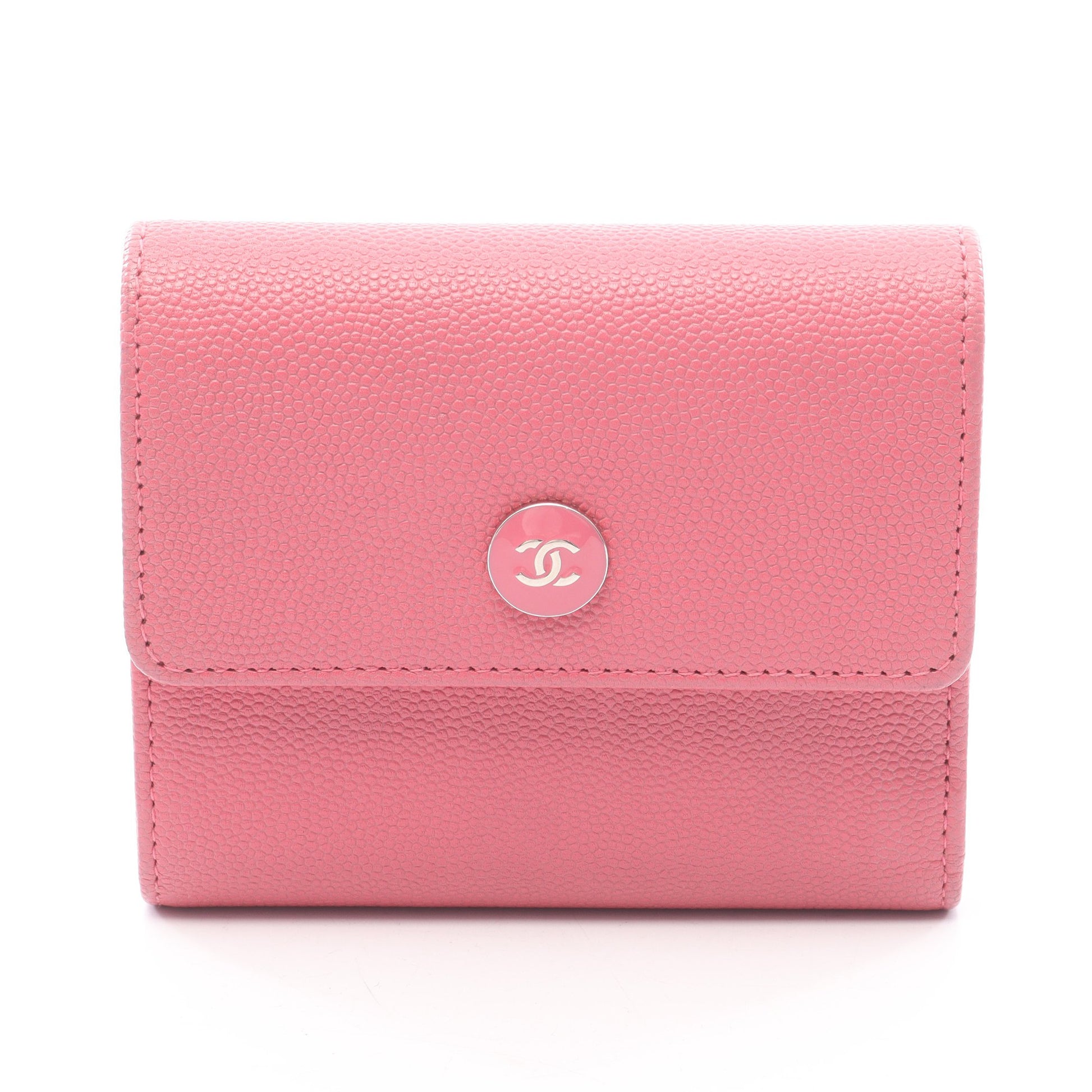 ココボタン 三つ折り財布 キャビアスキン ピンク シルバー金具 シャネル 財布・小物 CHANEL