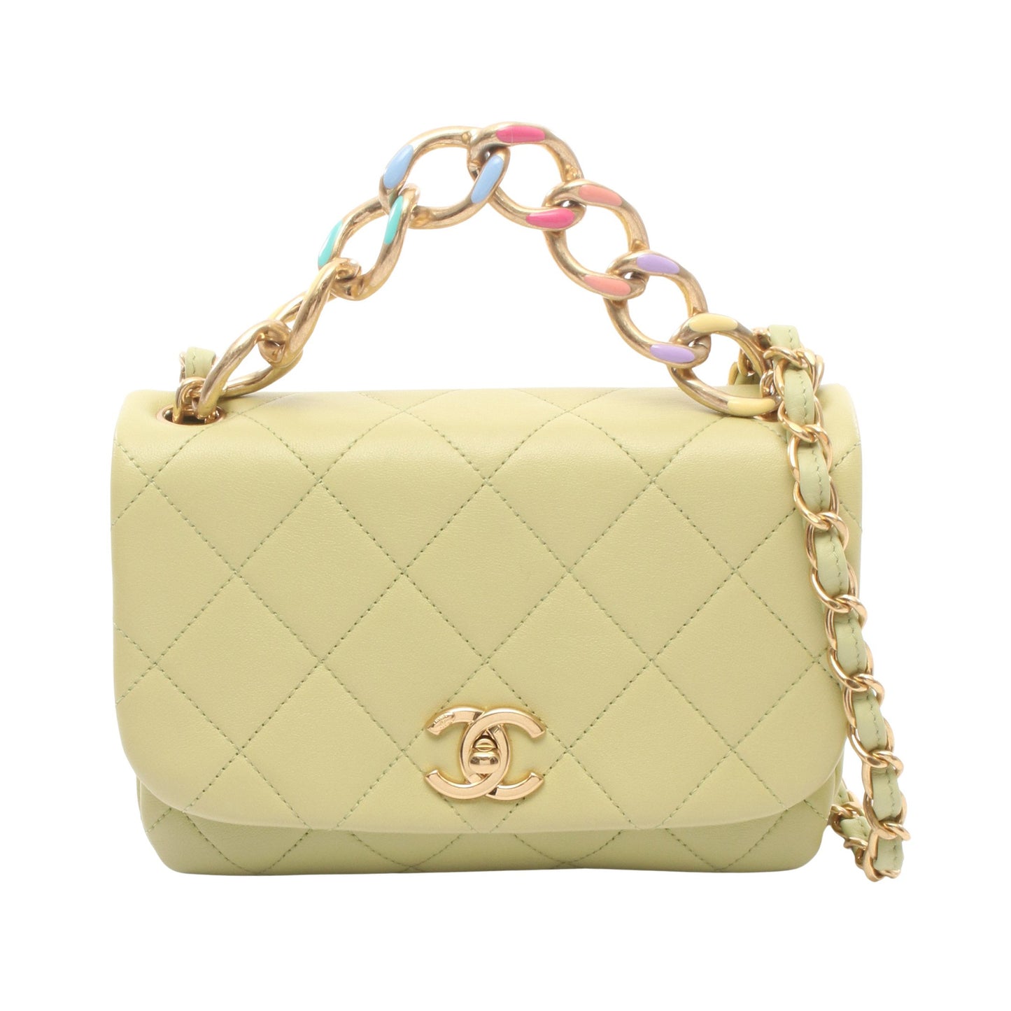マトラッセ スモールフラップ チェーンショルダーバッグ ラムスキン イエローグリーン ゴールド金具 シャネル バッグ CHANEL