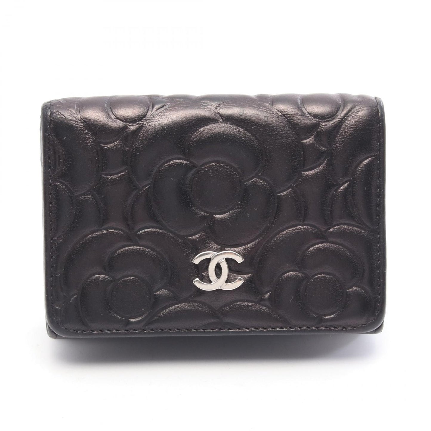 カメリア ココマーク 三つ折り財布 レザー ブラック シルバー金具 シャネル 財布・小物 CHANEL