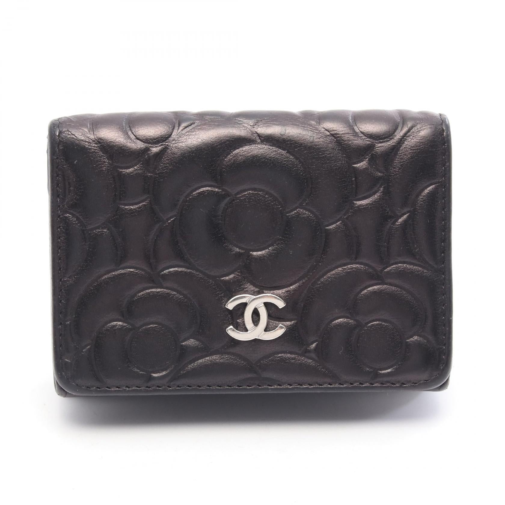 カメリア ココマーク 三つ折り財布 レザー ブラック シルバー金具 シャネル 財布・小物 CHANEL