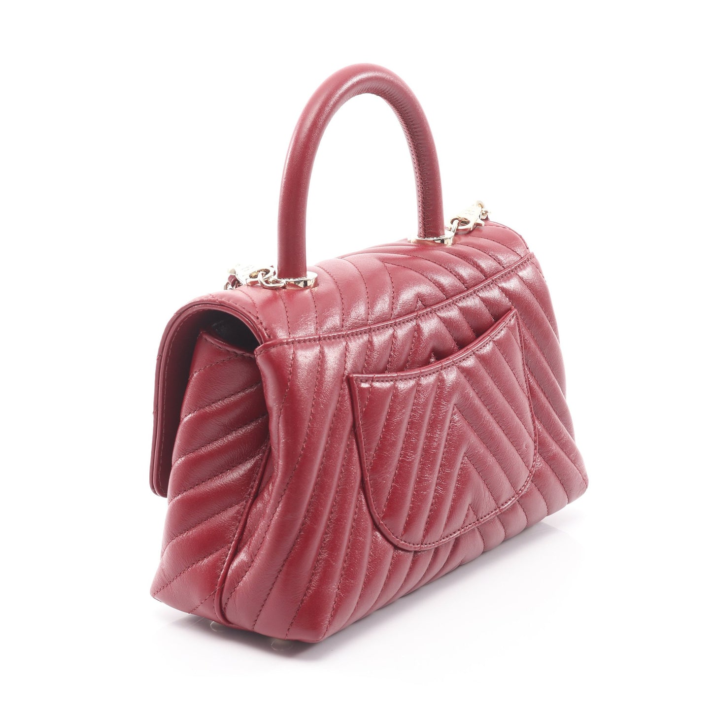 ココハンドル フラップ Vステッチ シェブロン 2WAY ハンドバッグ レザー レッド ゴールド金具 シャネル バッグ CHANEL