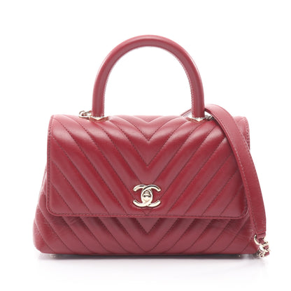 ココハンドル フラップ Vステッチ シェブロン 2WAY ハンドバッグ レザー レッド ゴールド金具 シャネル バッグ CHANEL
