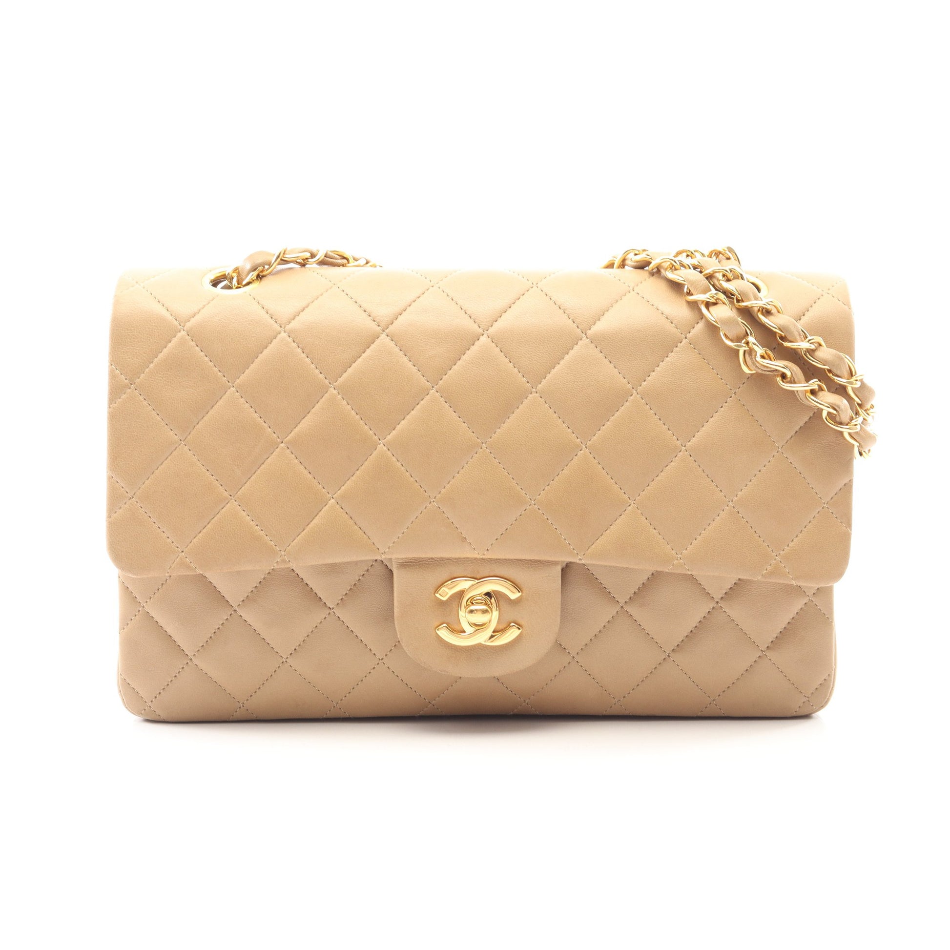 マトラッセ Wフラップ Wチェーンショルダーバッグ ラムスキン ベージュ ゴールド金具 シャネル バッグ CHANEL