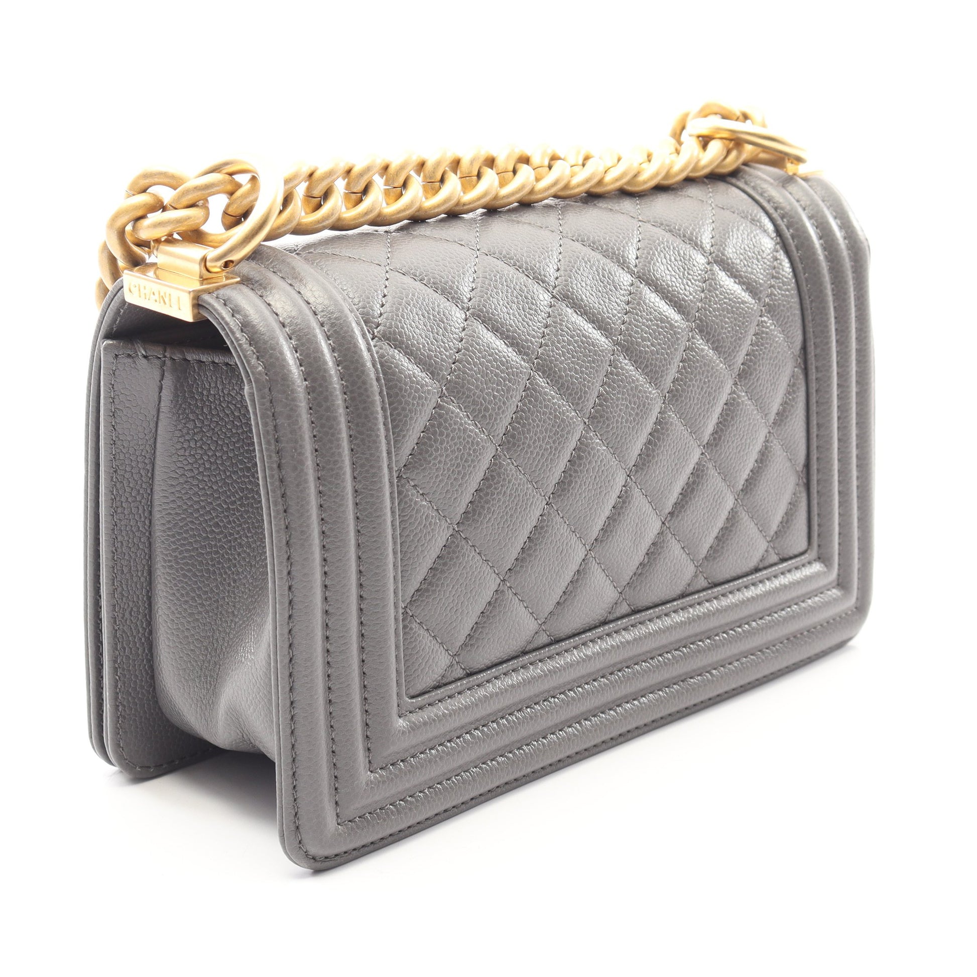 ボーイシャネル スモール チェーンショルダーバッグ キャビアスキン グレー ゴールド金具 シャネル バッグ CHANEL