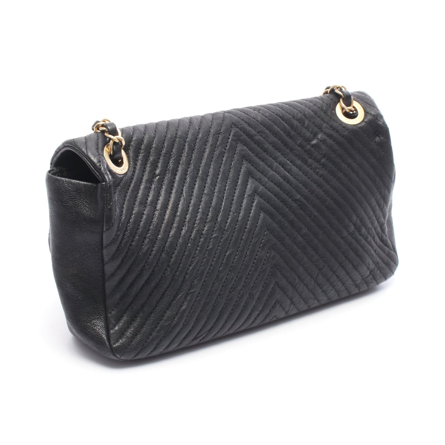 シェブロン Vステッチ チェーンショルダーバッグ レザー ブラック ゴールド金具 シャネル バッグ CHANEL