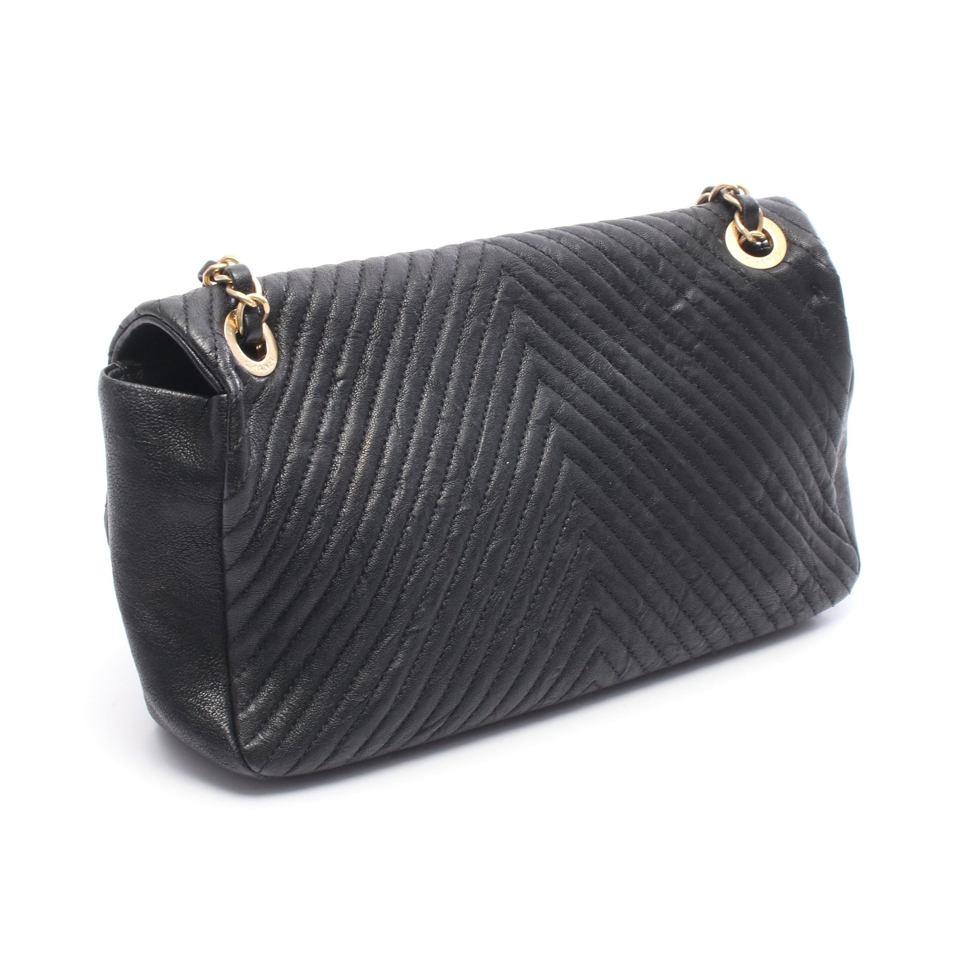 シェブロン Vステッチ チェーンショルダーバッグ レザー ブラック ゴールド金具 シャネル バッグ CHANEL