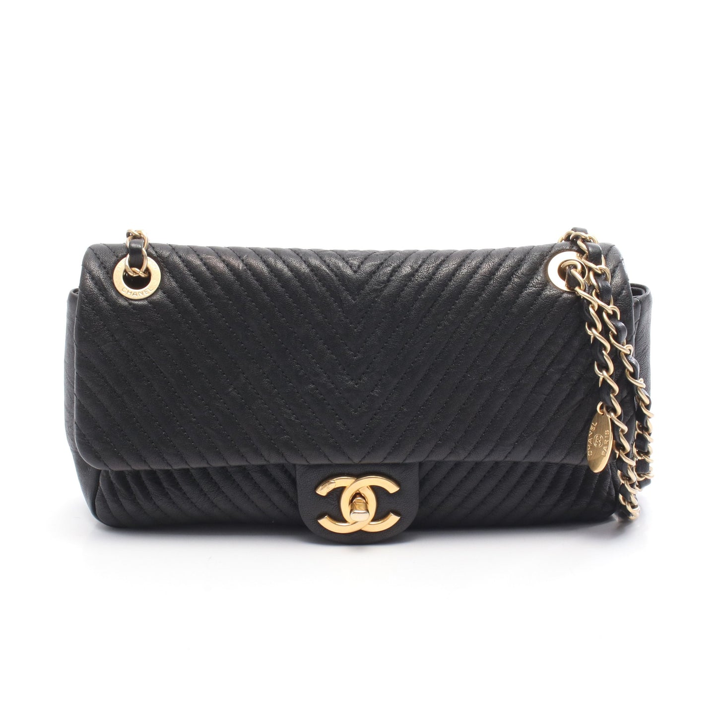 シェブロン Vステッチ チェーンショルダーバッグ レザー ブラック ゴールド金具 シャネル バッグ CHANEL