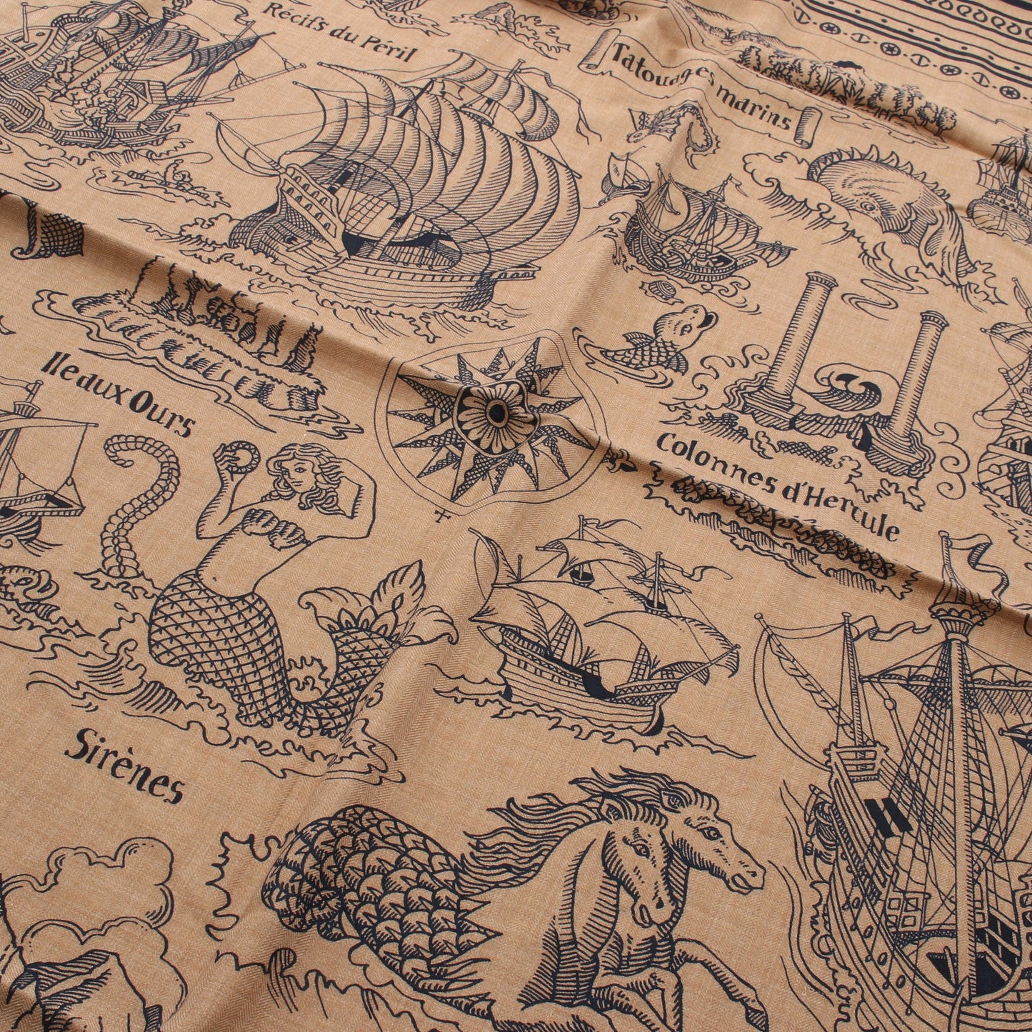 カレジェアン カレ140 Tatouages Marins Bandana スカーフ ショール カシミヤ シルク ブラウン ネイビー エルメス 財布・小物 HERMES