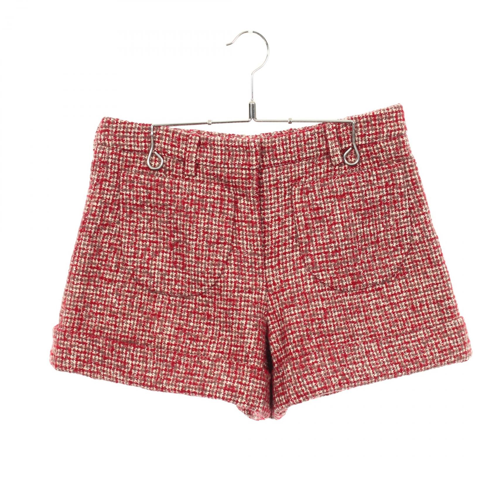 ボタンフライ ツイード ショート パンツ ウール レッド ブラウン ミュウミュウ ボトムス miu miu