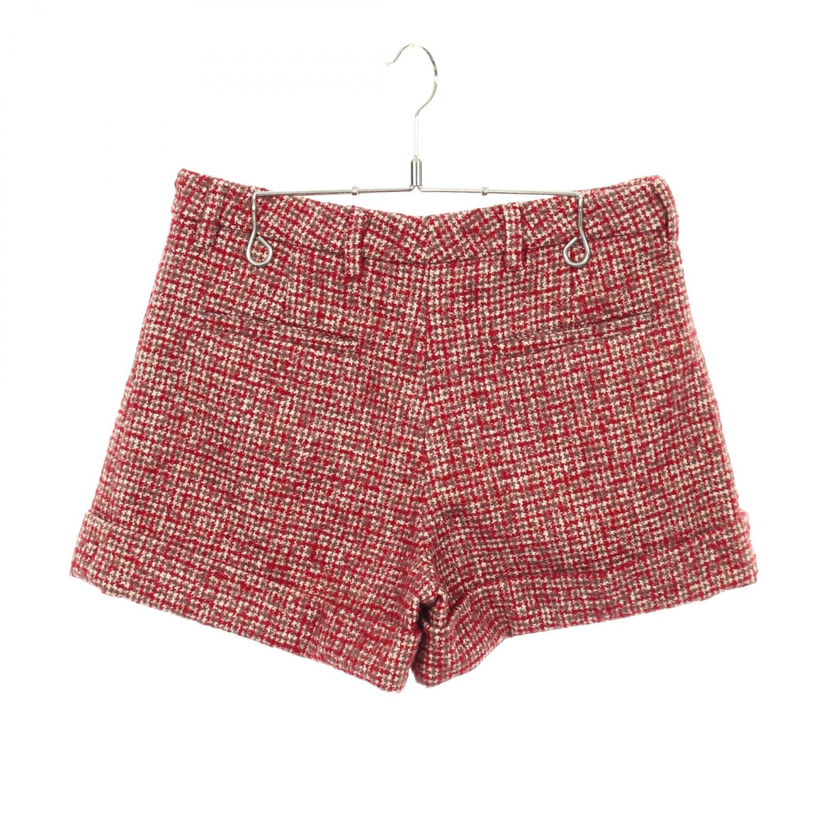 ボタンフライ ツイード ショート パンツ ウール レッド ブラウン ミュウミュウ ボトムス miu miu