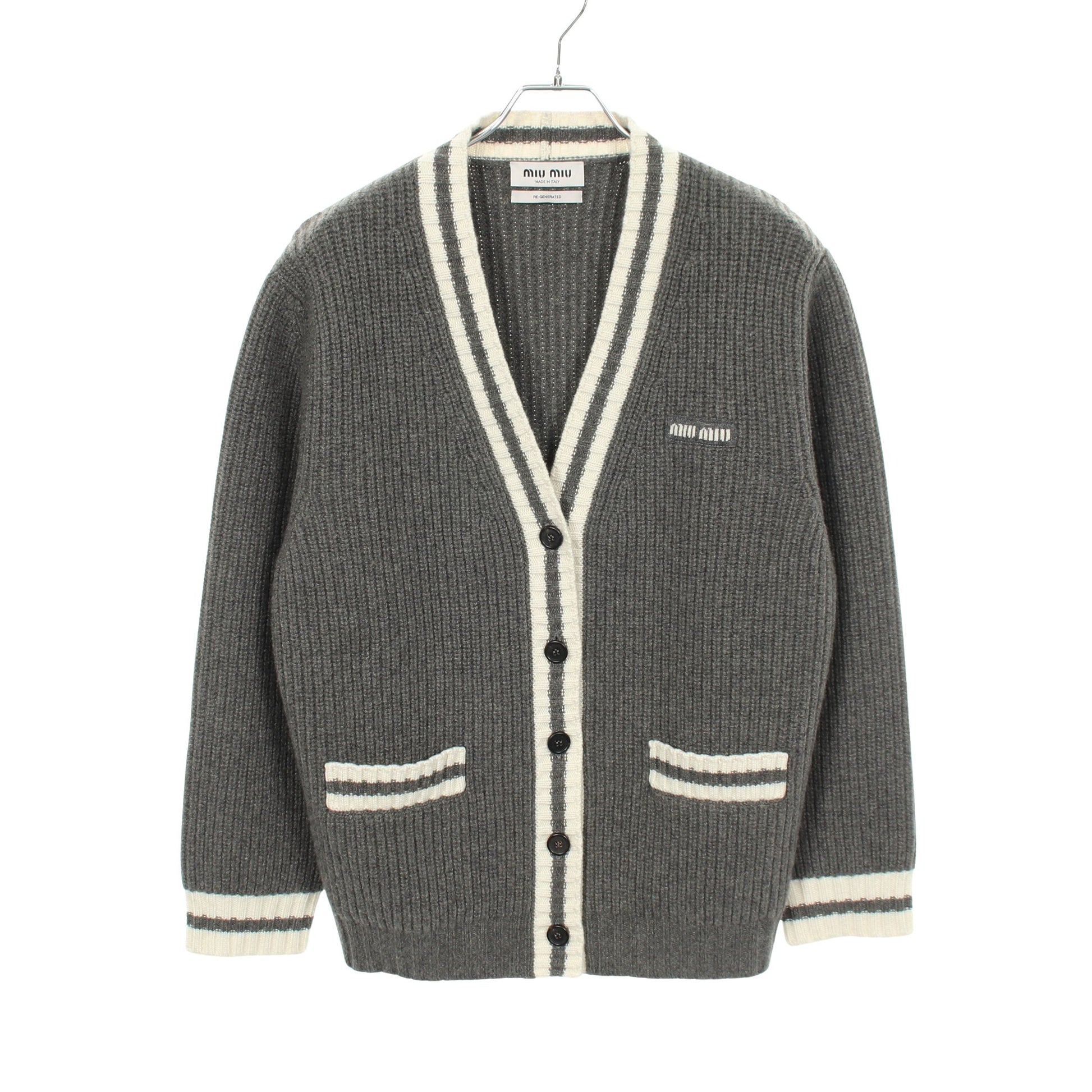ロゴ Vネック カーディガン カシミヤ ウール グレー ホワイト ミュウミュウ トップス miu miu