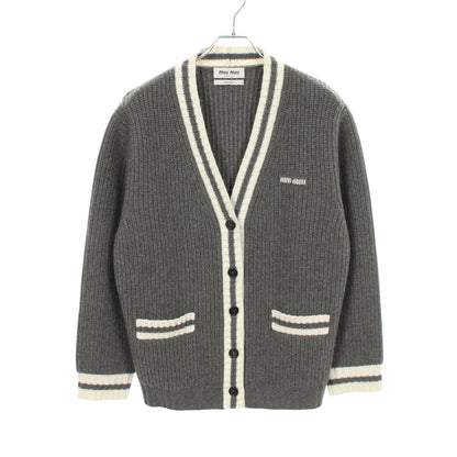 ロゴ Vネック カーディガン カシミヤ ウール グレー ホワイト ミュウミュウ トップス miu miu