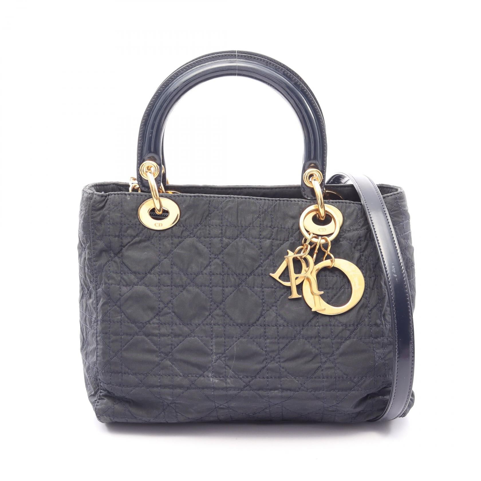 LADY DIOR レディディオール カナージュ 2WAY ハンドバッグ ナイロン エナメルレザー ダークネイビー クリスチャンディオール バッグ Christian Dior