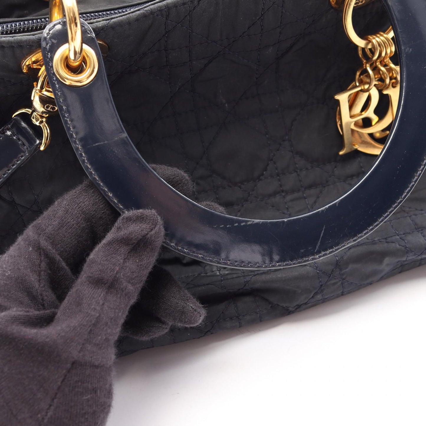 LADY DIOR レディディオール カナージュ 2WAY ハンドバッグ ナイロン エナメルレザー ダークネイビー クリスチャンディオール バッグ Christian Dior