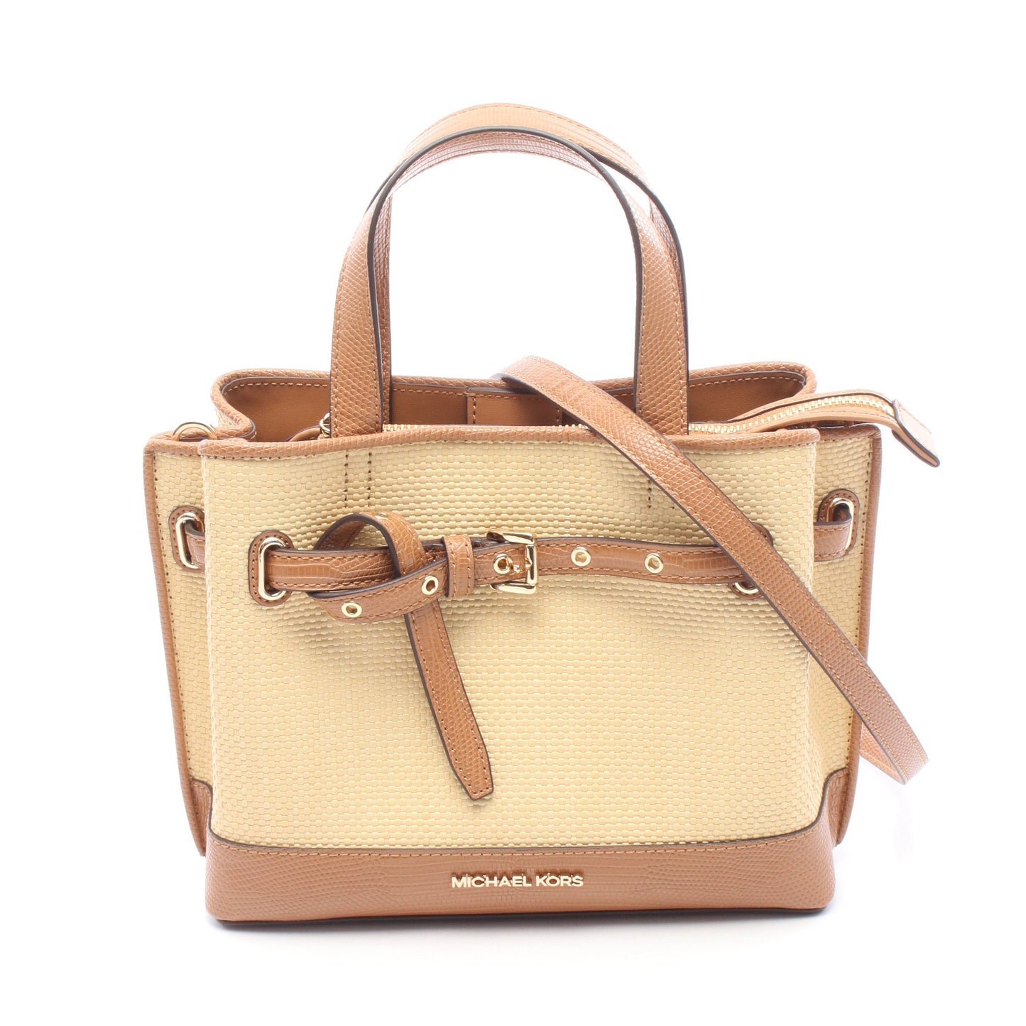 Emilia Small Satchel 2WAY ハンドバッグ ラフィア レザー ベージュ ブラウン マイケルコース バッグ MICHAEL KORS