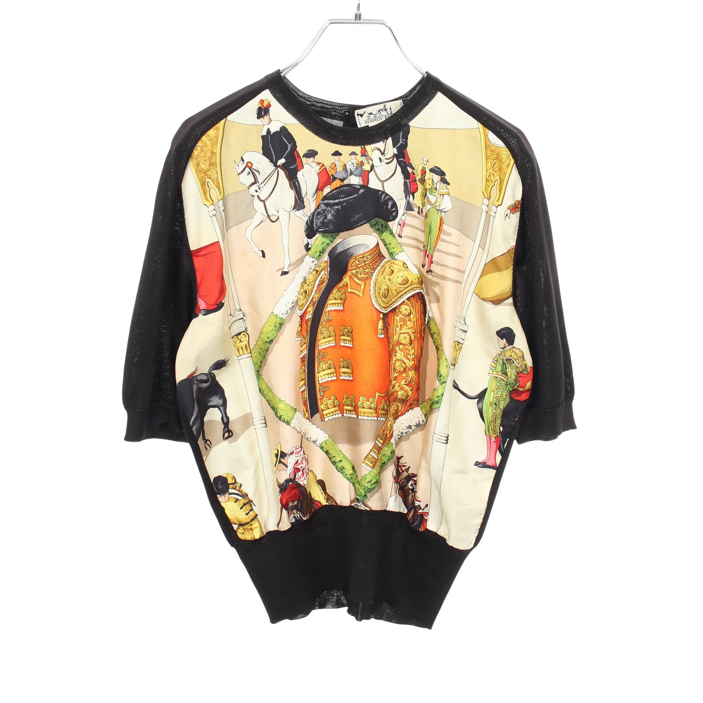 PLAZA DE TOROS 切替 半袖 ニット シルク ブラック マルチカラー エルメス トップス HERMES