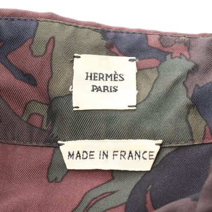 馬 総柄 長袖 シャツ シルク ブラウン カーキグリーン ネイビー エルメス トップス HERMES