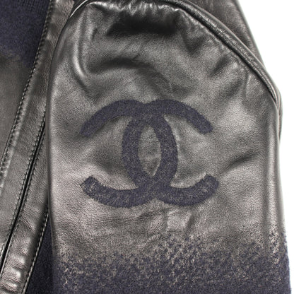 ココマーク レザー切替 ニット ジャケット ウール ラムスキン ネイビー ブラック シャネル アウター CHANEL