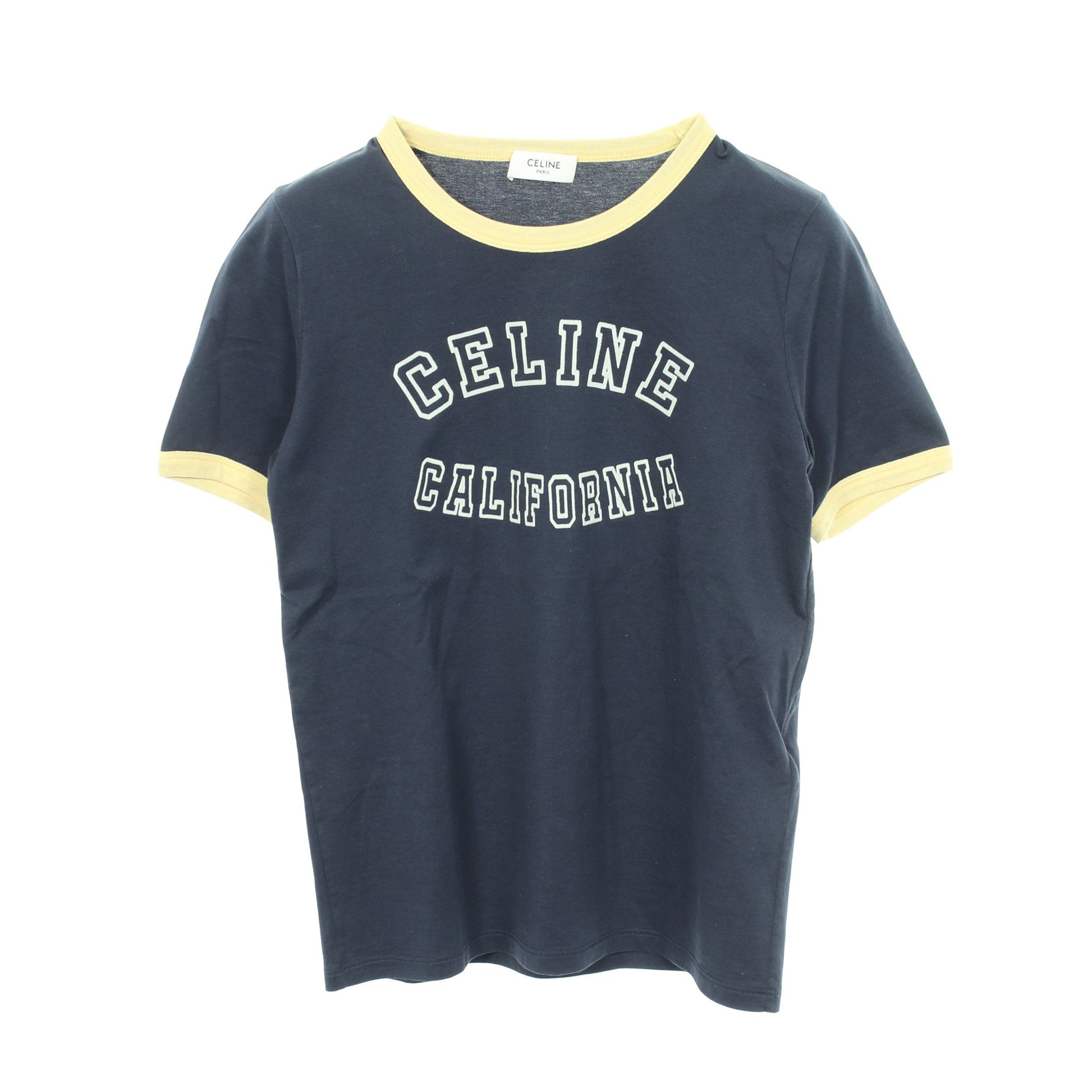 70'S CALIFORNIA フロッキーロゴ 半袖Tシャツ コットン ネイビー ライトイエロー セリーヌ トップス CELINE
