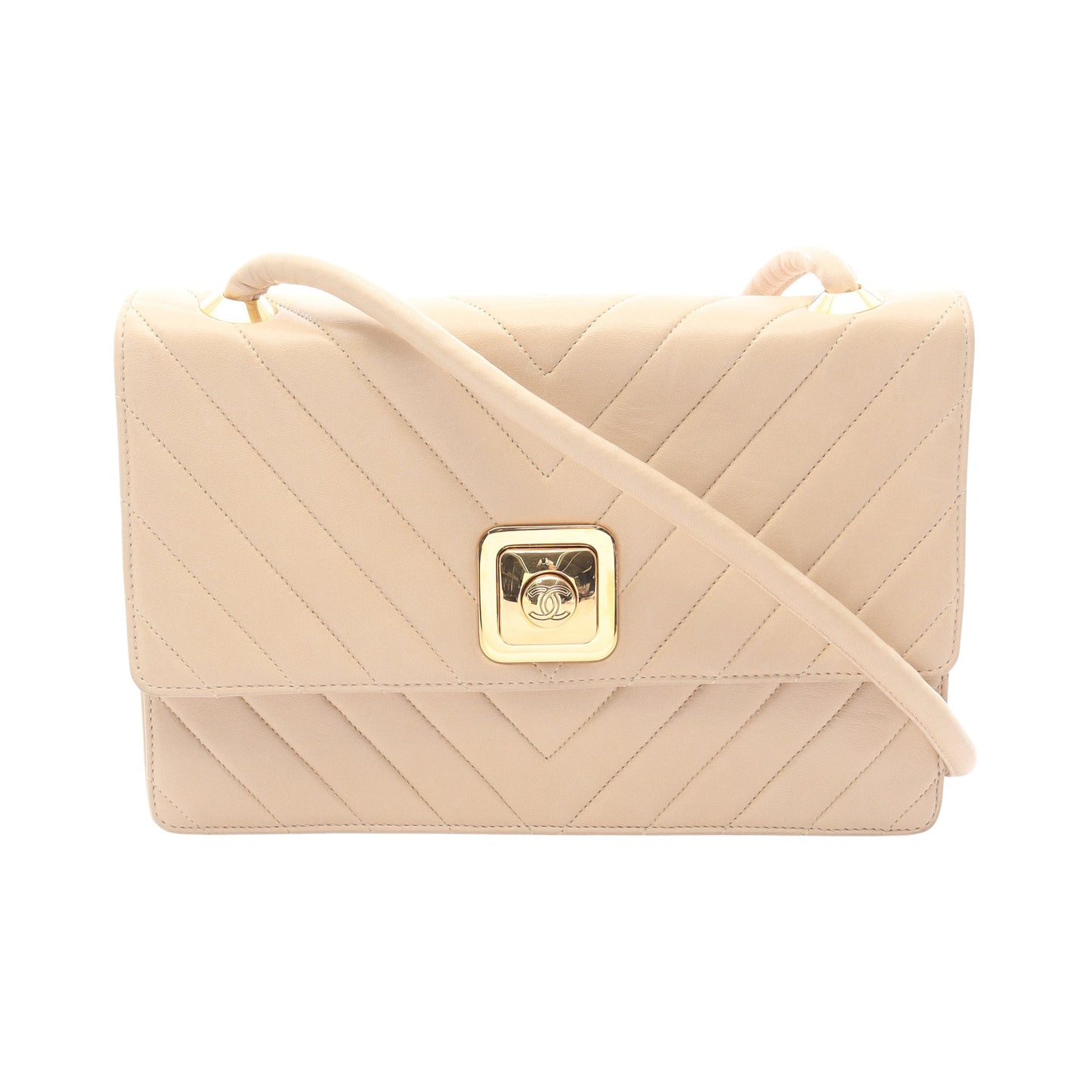 Vステッチ ショルダーバッグ ラムスキン ベージュ ゴールド金具 シャネル バッグ CHANEL