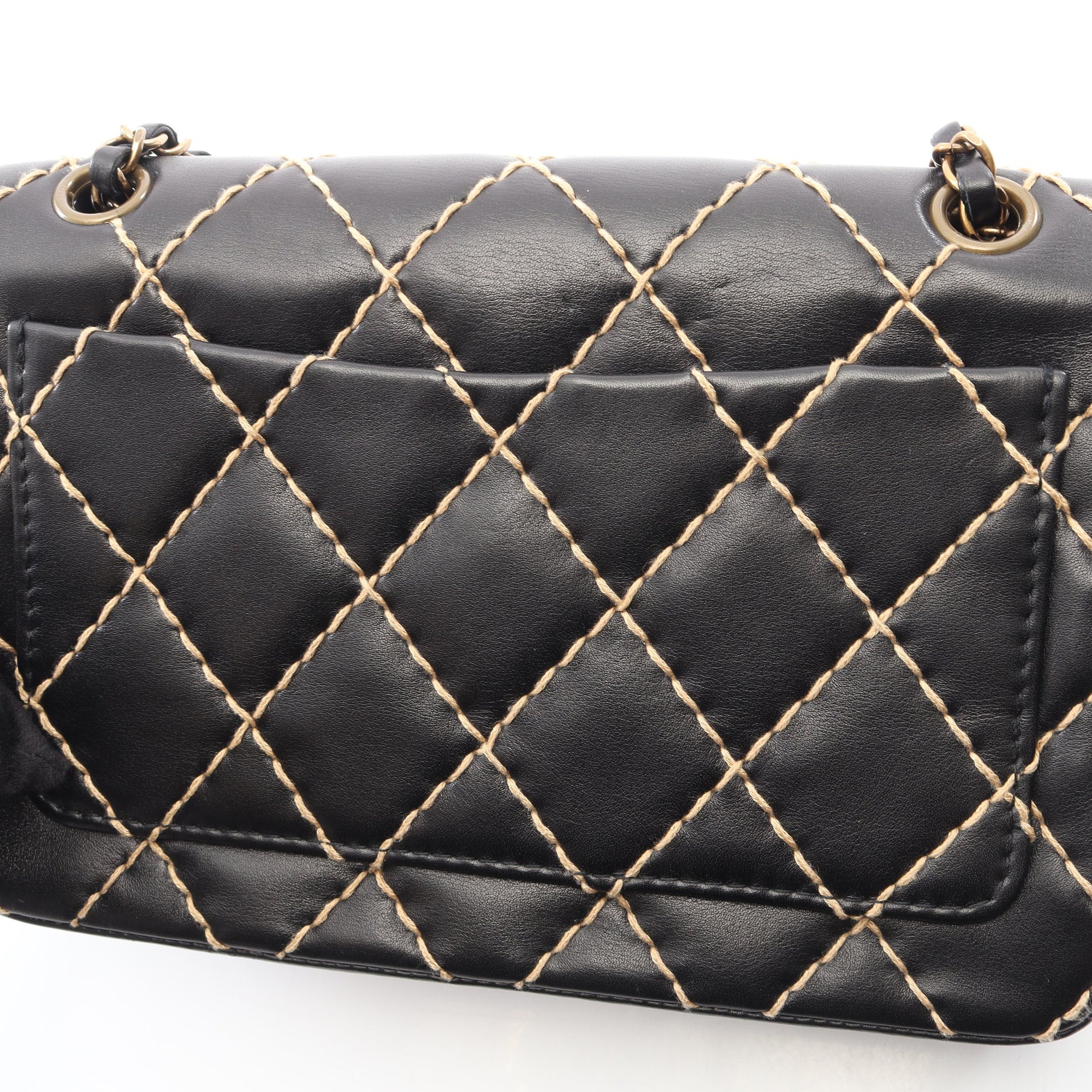ワイルドステッチ Wチェーンショルダーバッグ レザー ブラック ゴールド金具 シャネル バッグ CHANEL