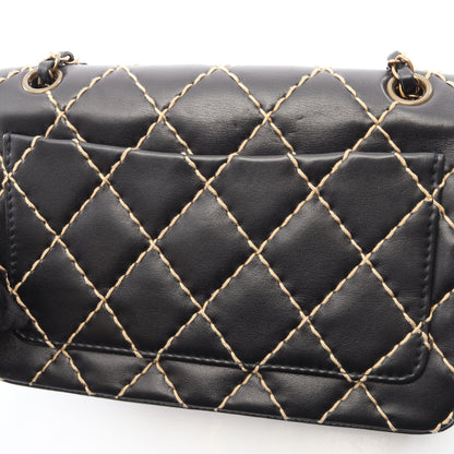 ワイルドステッチ Wチェーンショルダーバッグ レザー ブラック ゴールド金具 シャネル バッグ CHANEL