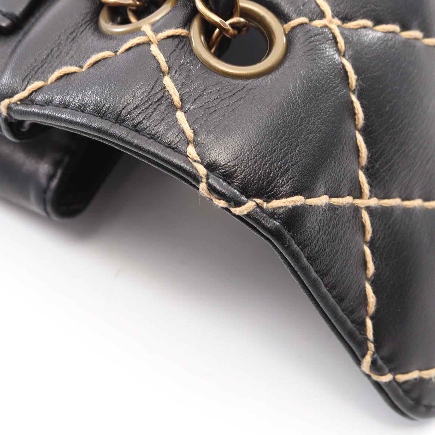 ワイルドステッチ Wチェーンショルダーバッグ レザー ブラック ゴールド金具 シャネル バッグ CHANEL