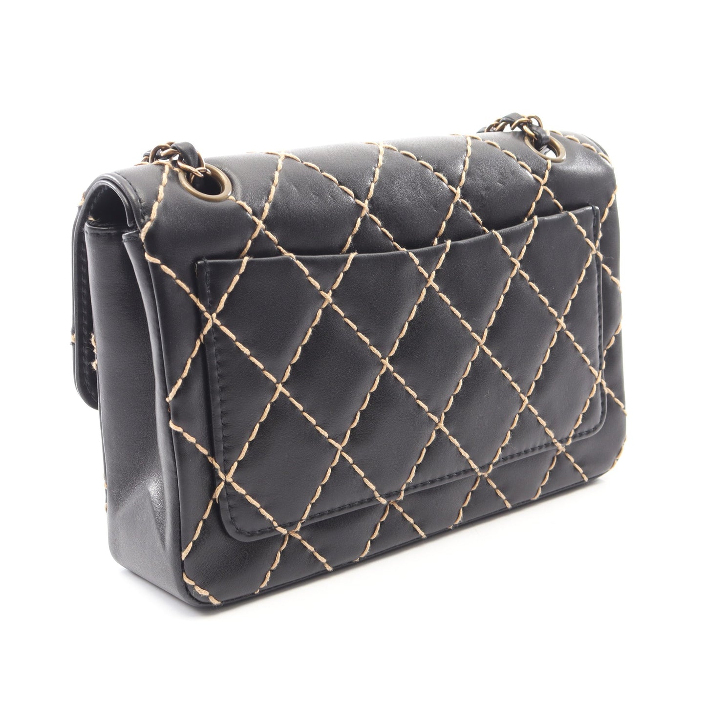 ワイルドステッチ Wチェーンショルダーバッグ レザー ブラック ゴールド金具 シャネル バッグ CHANEL