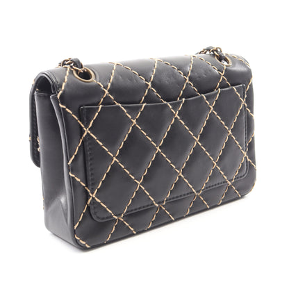 ワイルドステッチ Wチェーンショルダーバッグ レザー ブラック ゴールド金具 シャネル バッグ CHANEL