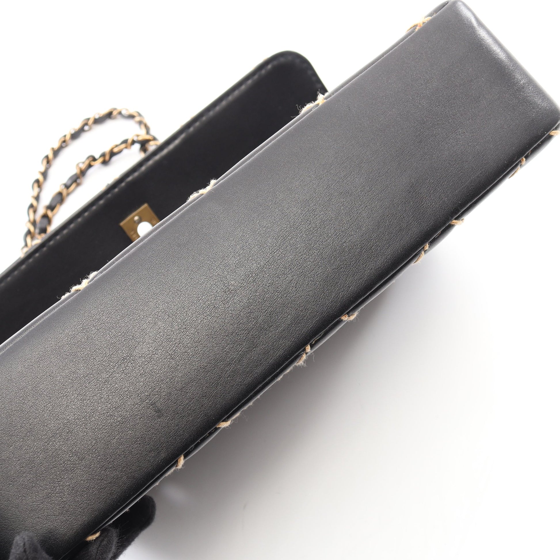 ワイルドステッチ Wチェーンショルダーバッグ レザー ブラック ゴールド金具 シャネル バッグ CHANEL