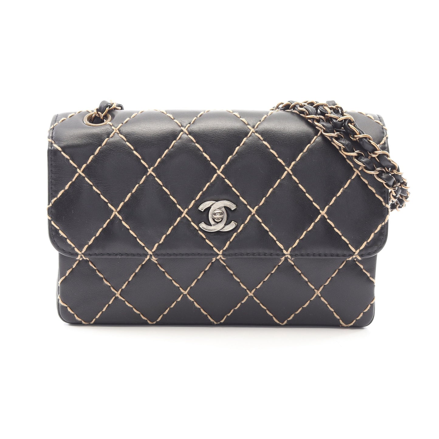 ワイルドステッチ Wチェーンショルダーバッグ レザー ブラック ゴールド金具 シャネル バッグ CHANEL