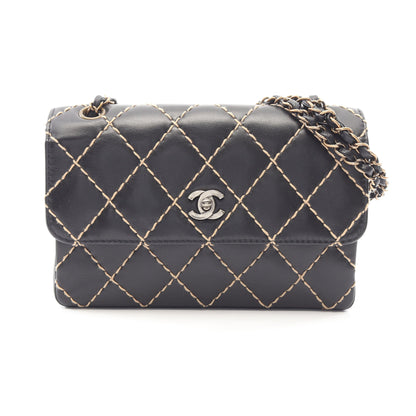 ワイルドステッチ Wチェーンショルダーバッグ レザー ブラック ゴールド金具 シャネル バッグ CHANEL