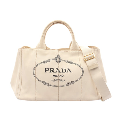 CANAPA STAMPATA カナパ 2WAY ハンドバッグ トートバッグ ボーダー キャンバス アイボリー ブラック プラダ バッグ PRADA
