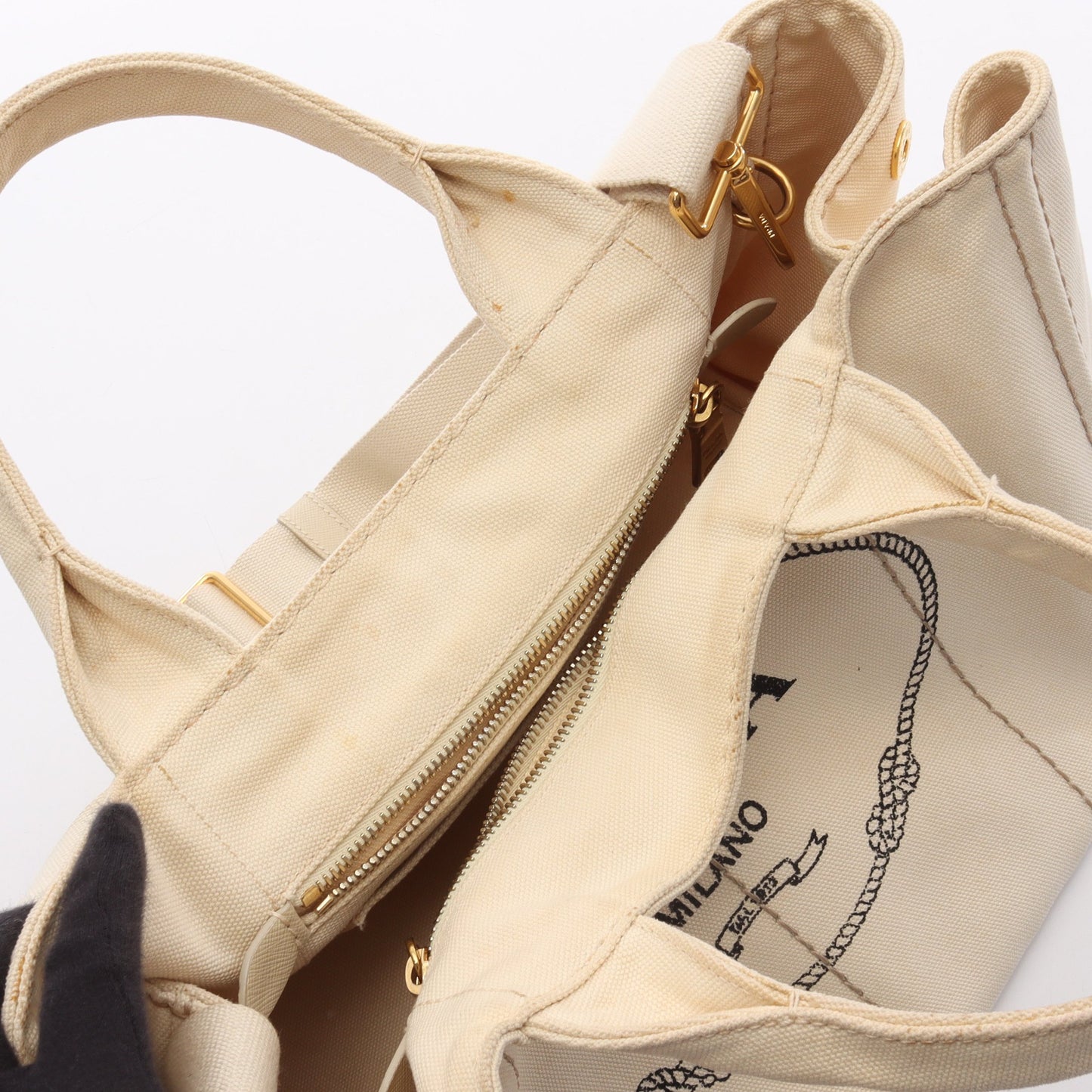 CANAPA STAMPATA カナパ 2WAY ハンドバッグ トートバッグ ボーダー キャンバス アイボリー ブラック プラダ バッグ PRADA