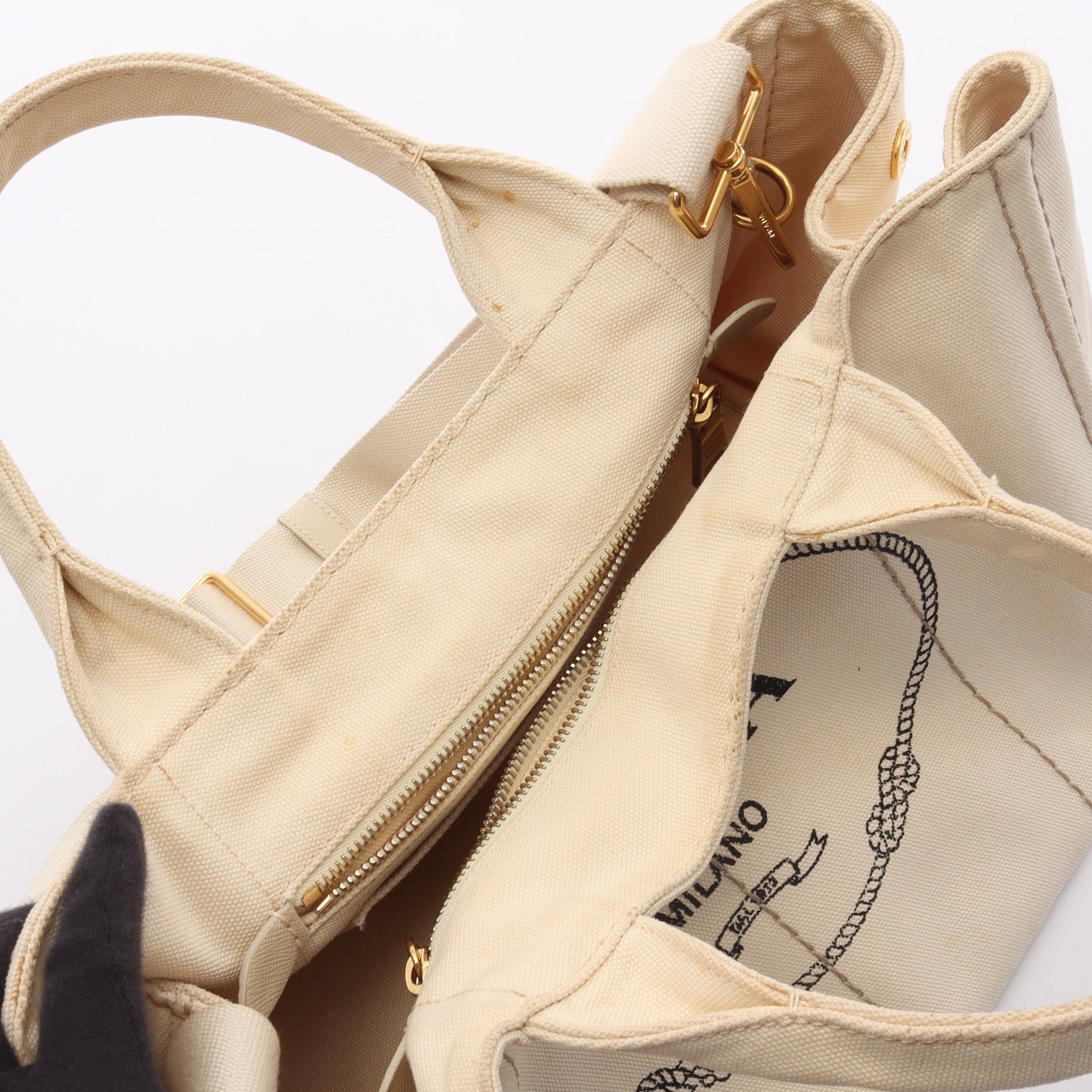 CANAPA STAMPATA カナパ 2WAY ハンドバッグ トートバッグ ボーダー キャンバス アイボリー ブラック プラダ バッグ PRADA