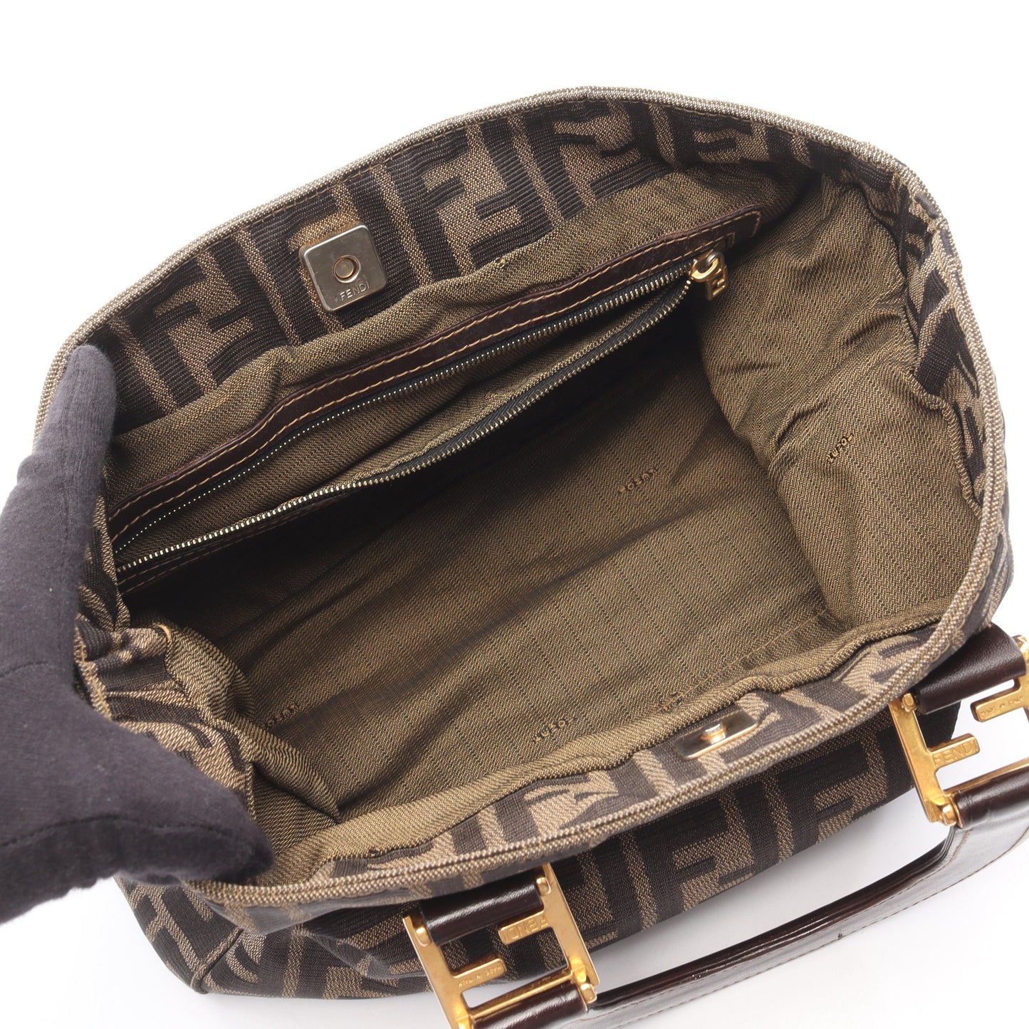 ズッカ ハンドバッグ キャンバス レザー ブラウン ブラック フェンディ バッグ FENDI