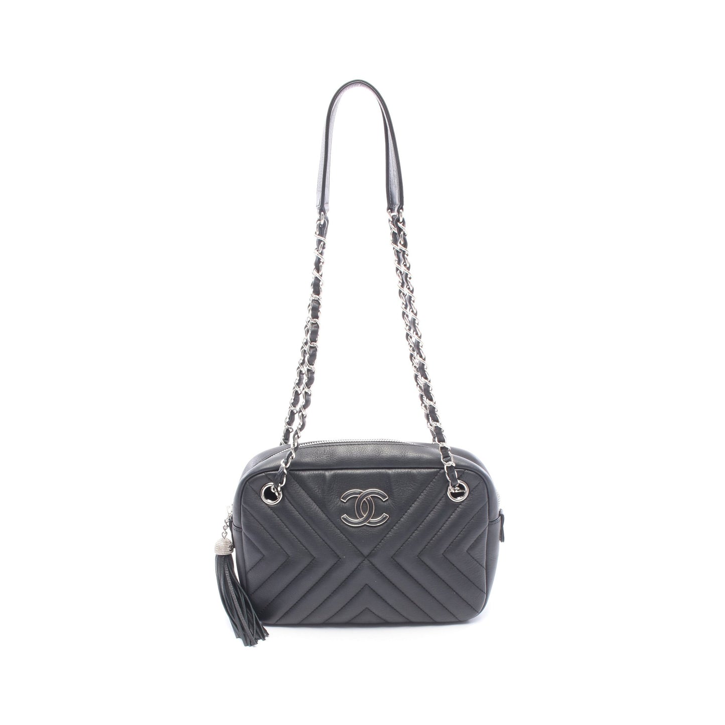 シェブロン Vステッチ タッセル チェーンショルダーバッグ ラムスキン ブラック シルバー金具 シャネル バッグ CHANEL
