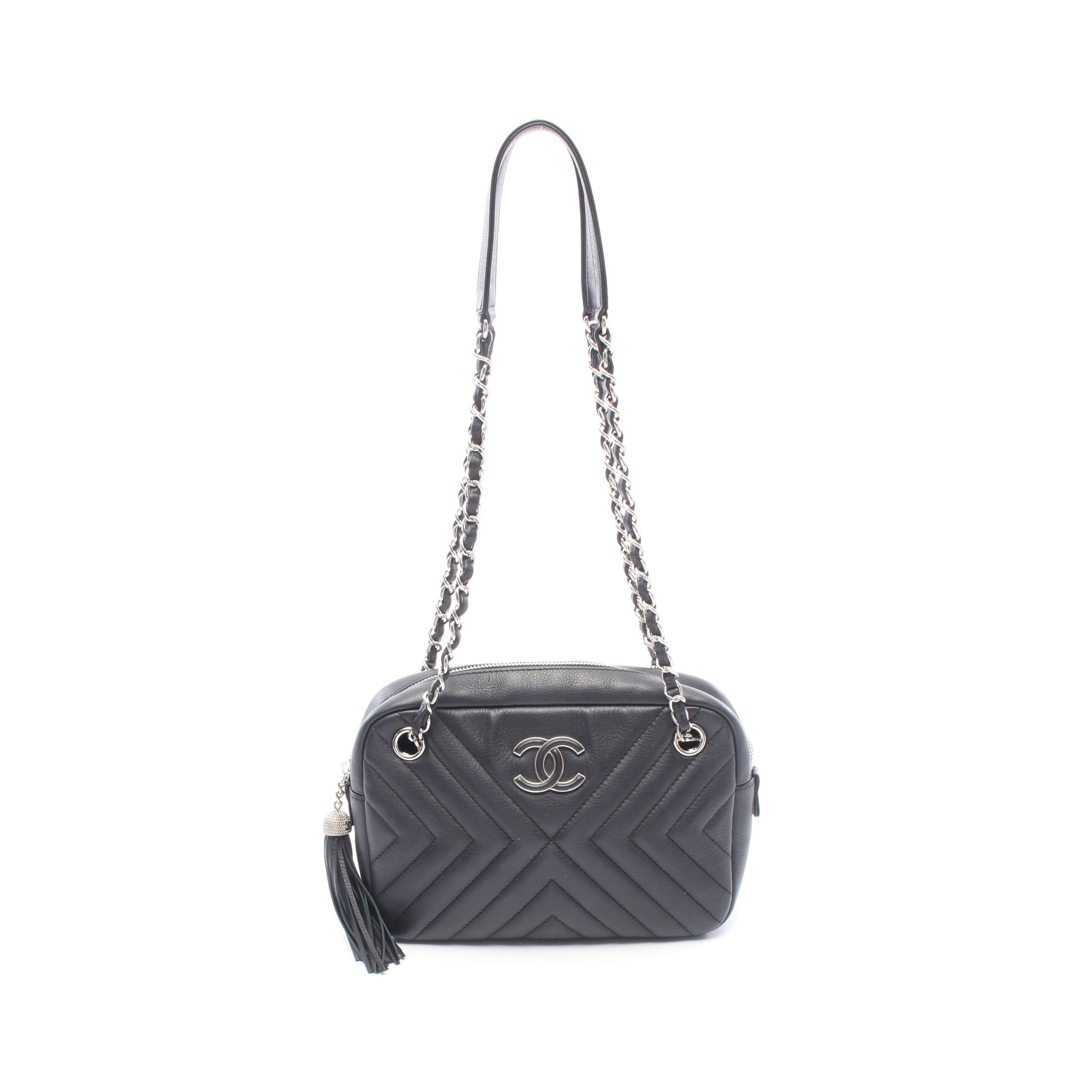 シェブロン Vステッチ タッセル チェーンショルダーバッグ ラムスキン ブラック シルバー金具 シャネル バッグ CHANEL