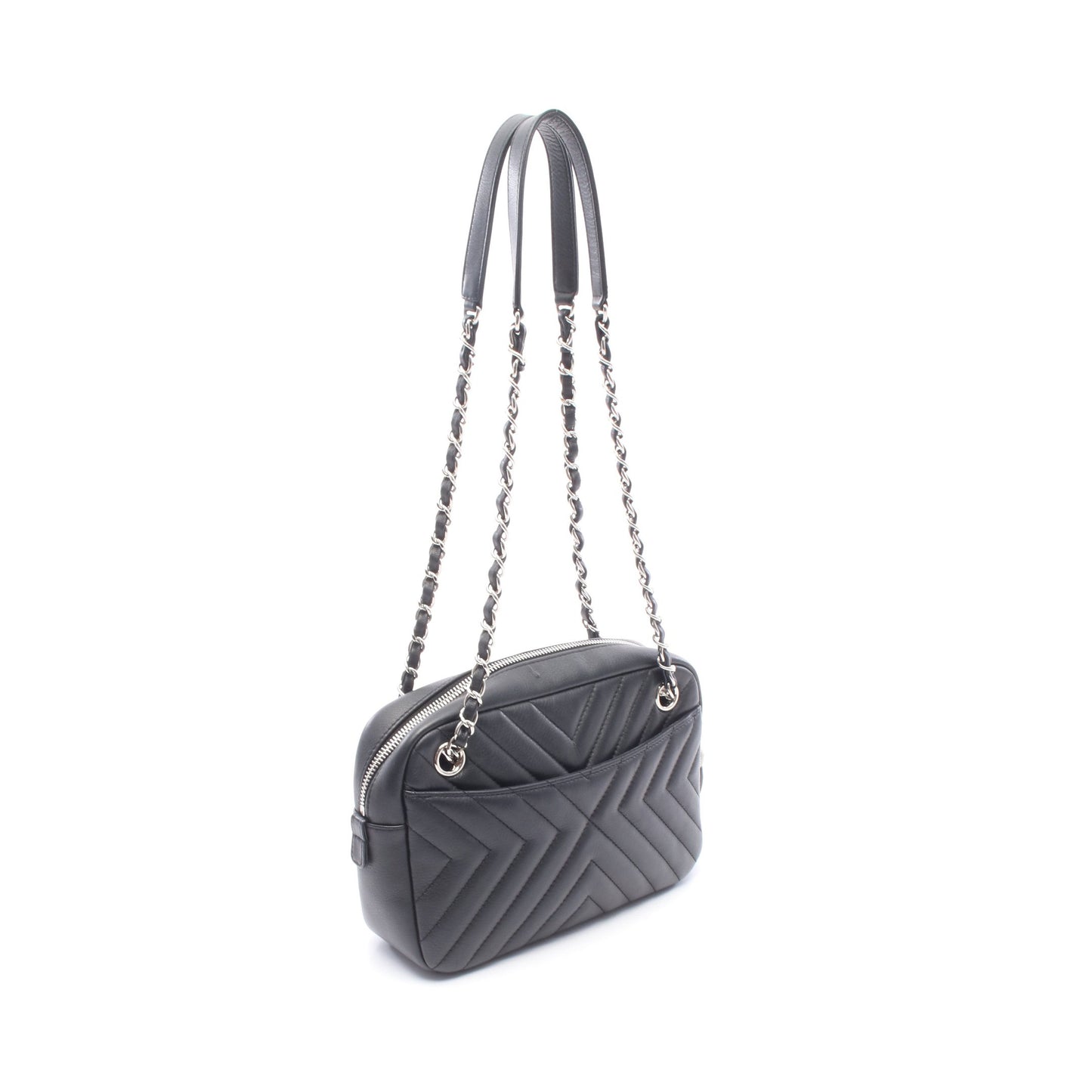 シェブロン Vステッチ タッセル チェーンショルダーバッグ ラムスキン ブラック シルバー金具 シャネル バッグ CHANEL