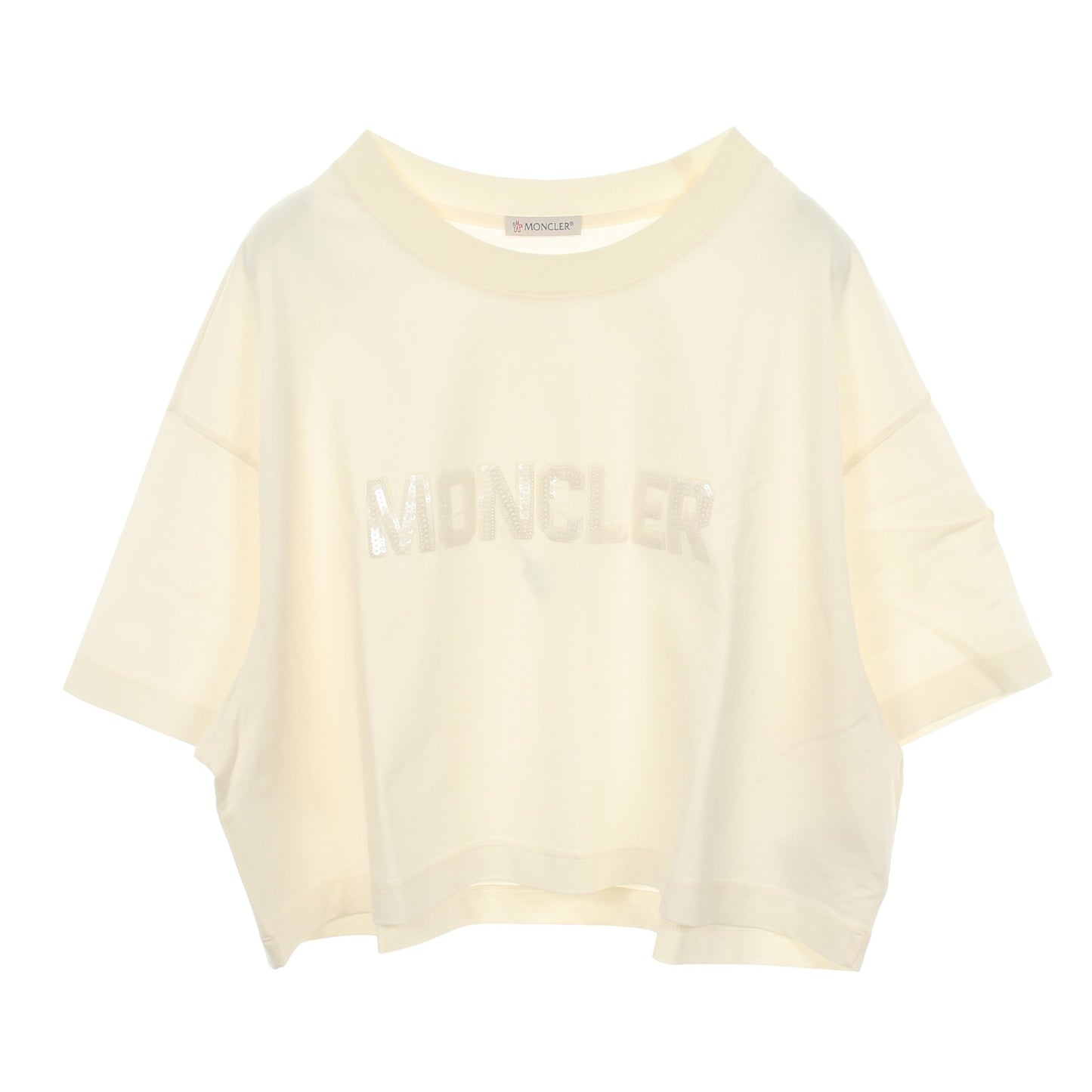 スパンコールロゴ クロップド 半袖Tシャツ コットン オフホワイト モンクレール トップス MONCLER