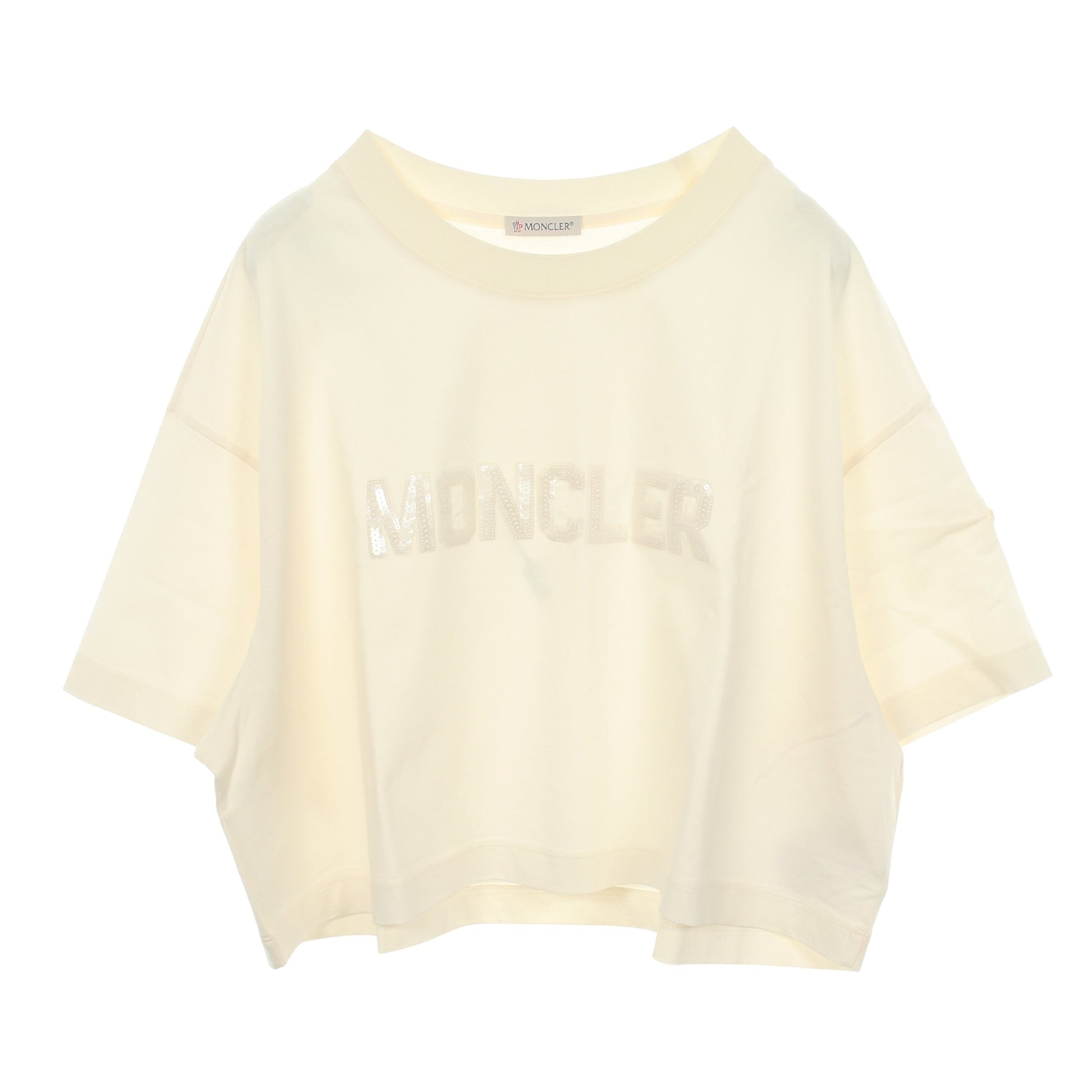 スパンコールロゴ クロップド 半袖Tシャツ コットン オフホワイト モンクレール トップス MONCLER