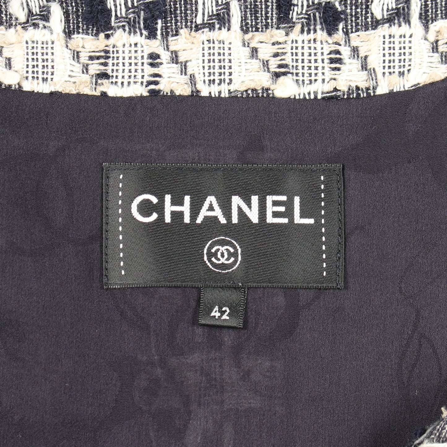 ベルト付き 総柄 ツイード 半袖 ワンピース コットン ネイビー アイボリー シャネル ワンピース CHANEL