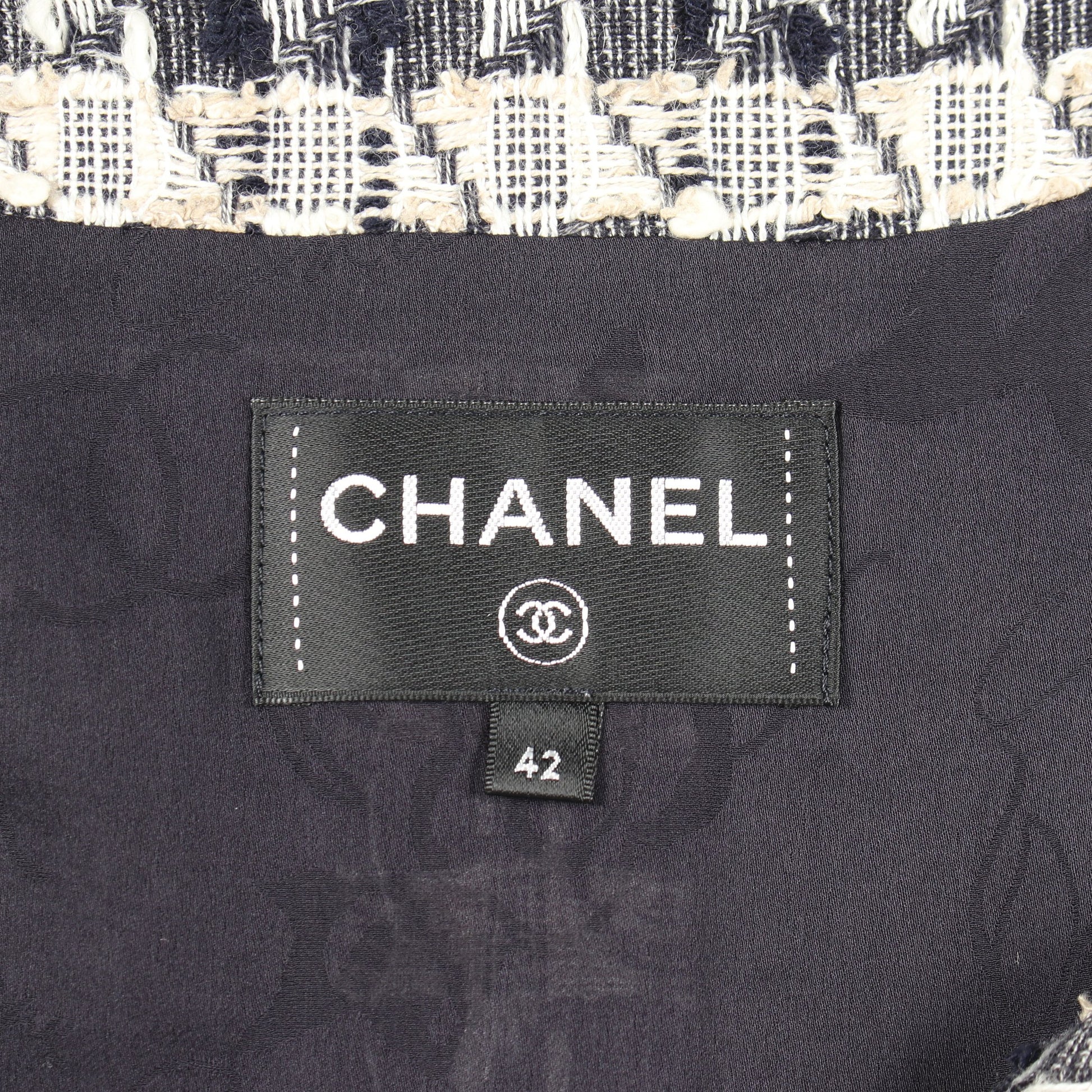 ベルト付き 総柄 ツイード 半袖 ワンピース コットン ネイビー アイボリー シャネル ワンピース CHANEL