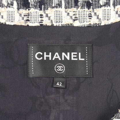 ベルト付き 総柄 ツイード 半袖 ワンピース コットン ネイビー アイボリー シャネル ワンピース CHANEL
